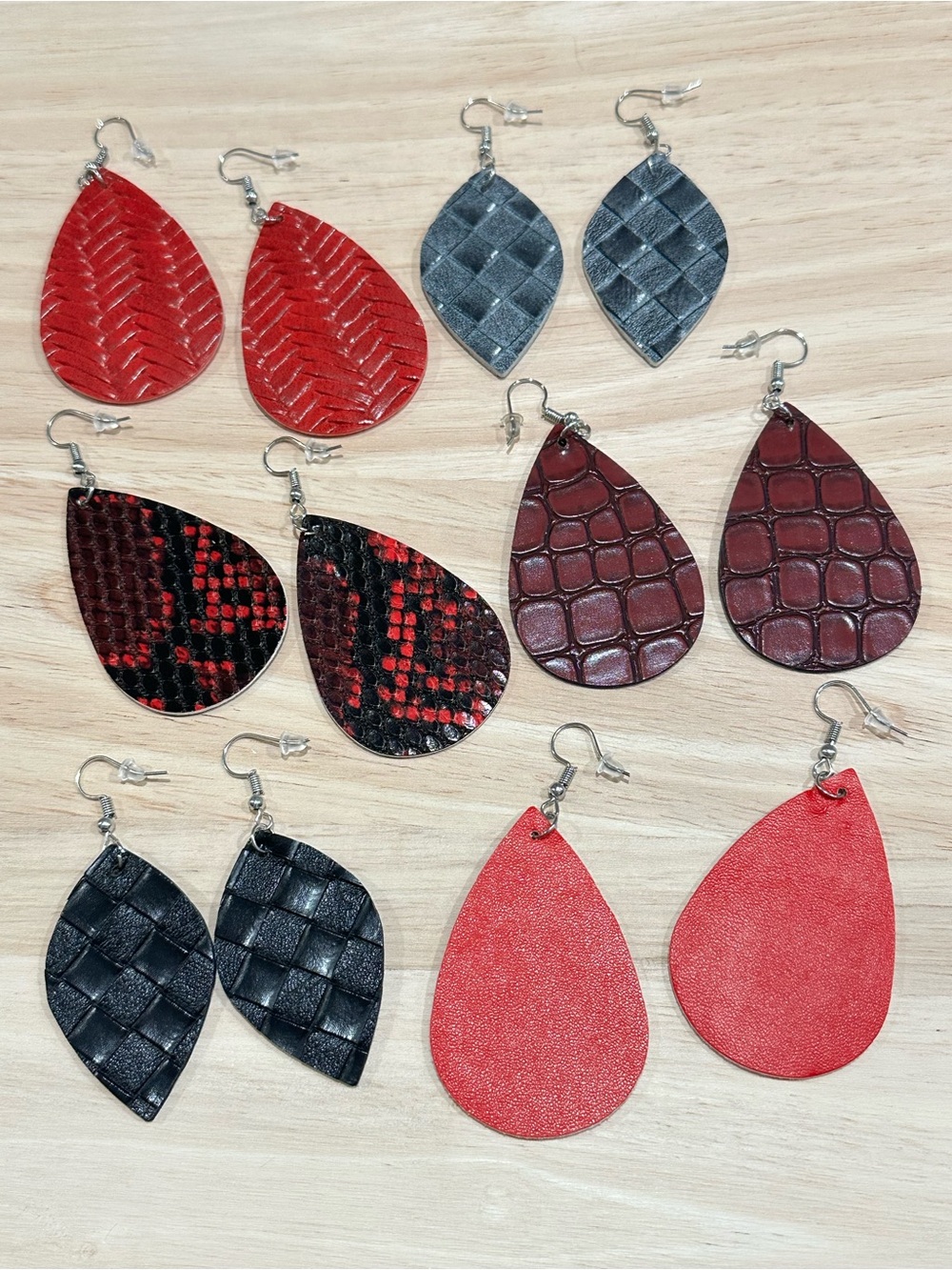 6 Pair Faux Leather Red Black Burgundy Dangle Earrings